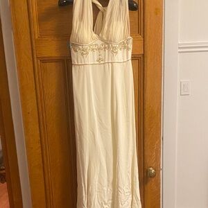 Elegant Cream Maxi Dress with Gold Embroidery